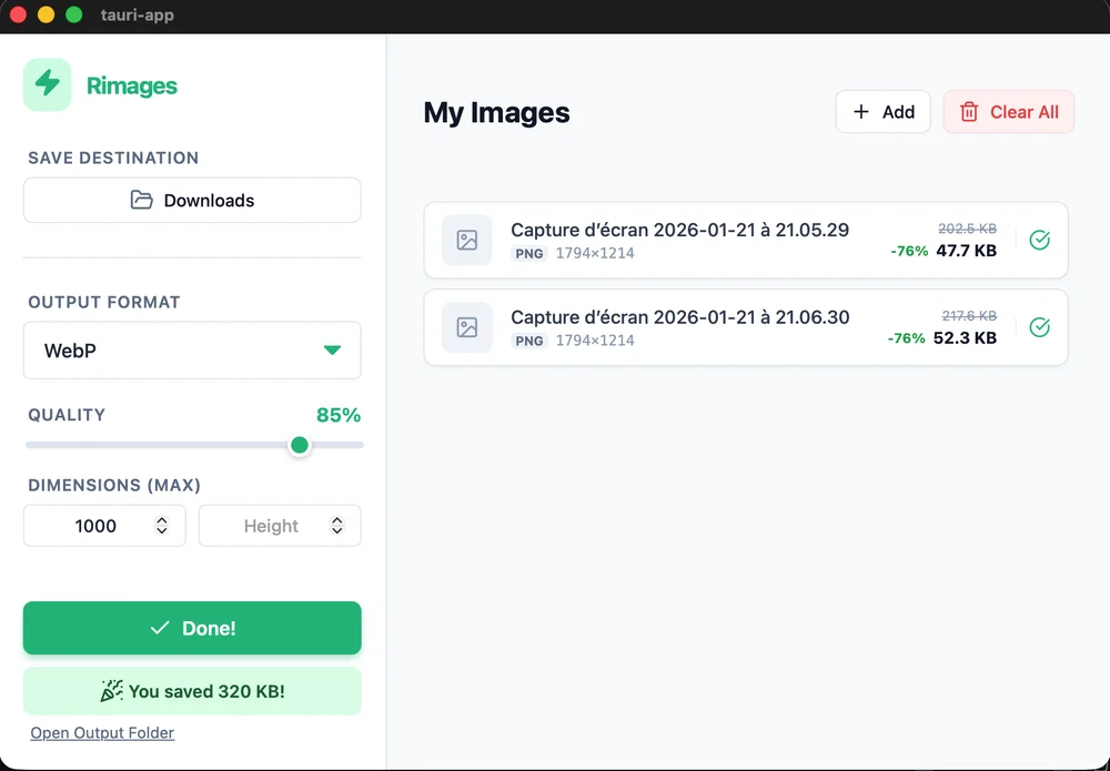Demo screenshot of Rimages app